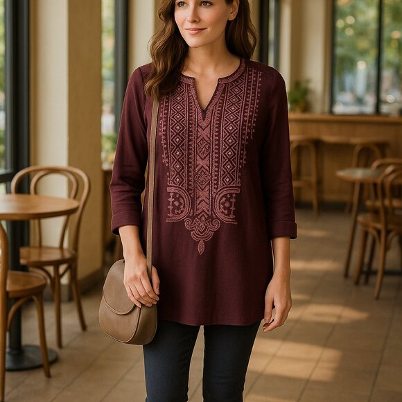 Pure Jill Burgundy Tunic Top XS 3/4 Sleeve Embroidered Boho Cotton - Picture 1 of 7